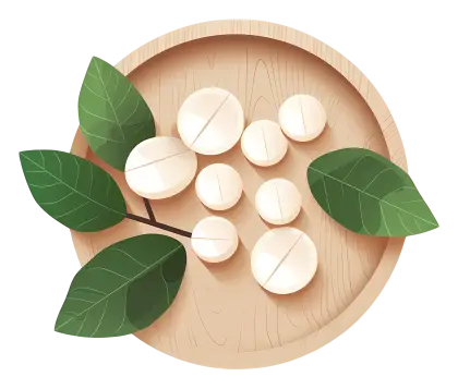 Wooden Bowl with Herbal Leaves and Natural Pills