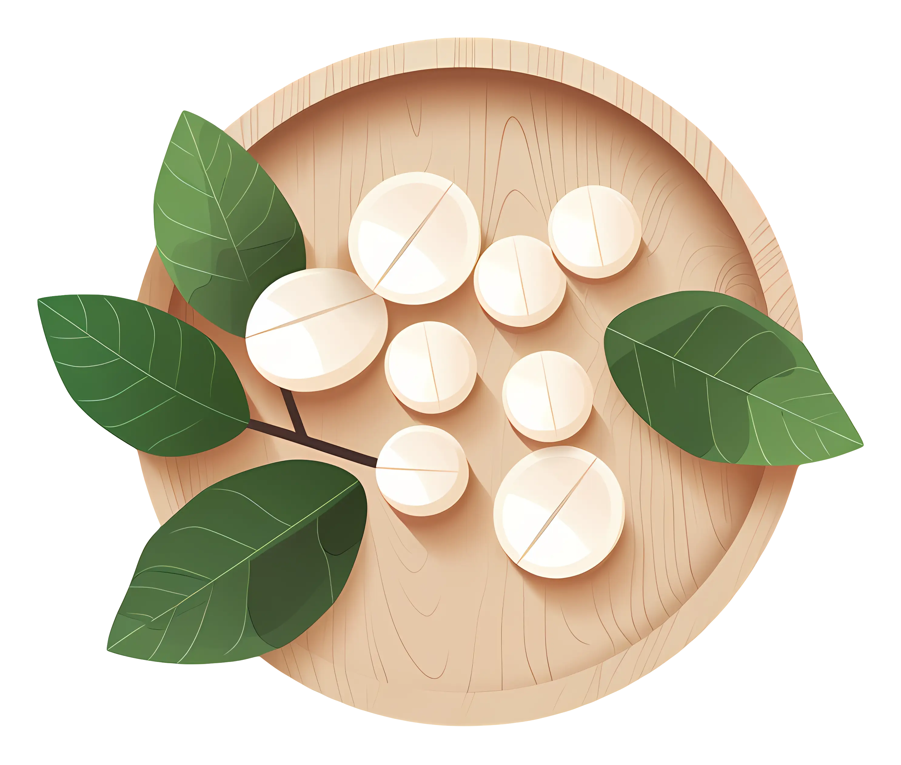 Wooden Bowl with Herbal Leaves and Natural Pills