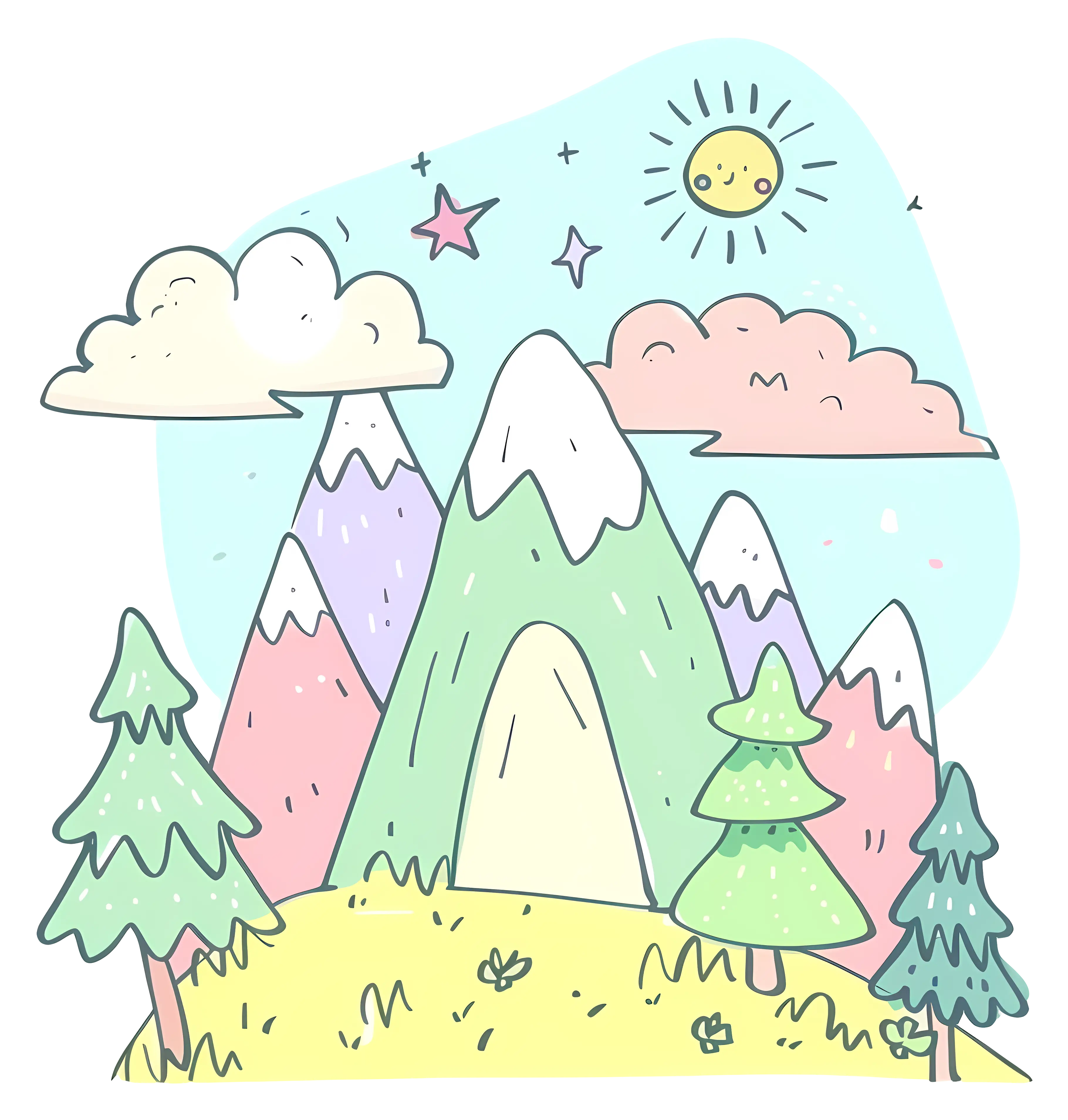 Pastel Whimsical Mountain Landscape Artwork