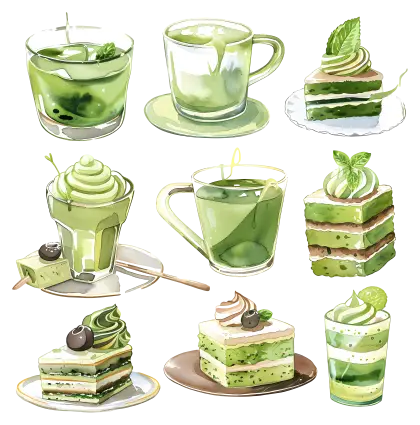 Green Tea Matcha Desserts and Drinks Illustration