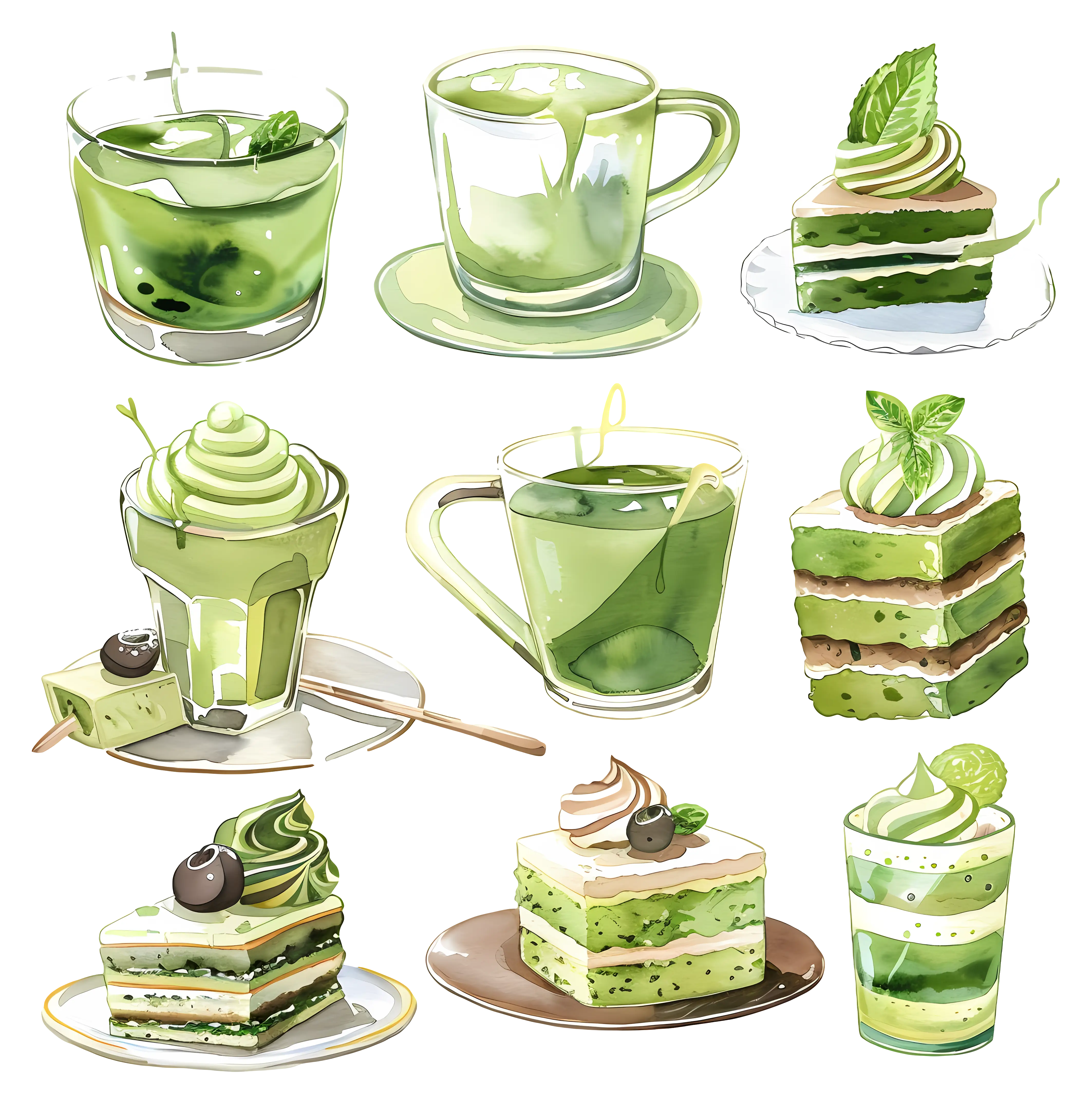 Green Tea Matcha Desserts and Drinks Illustration