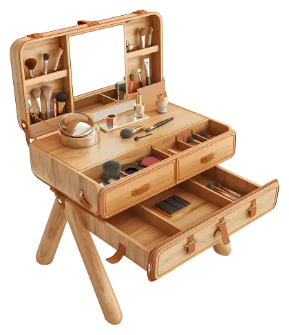 Wooden Makeup Vanity with Mirror and Cosmetics