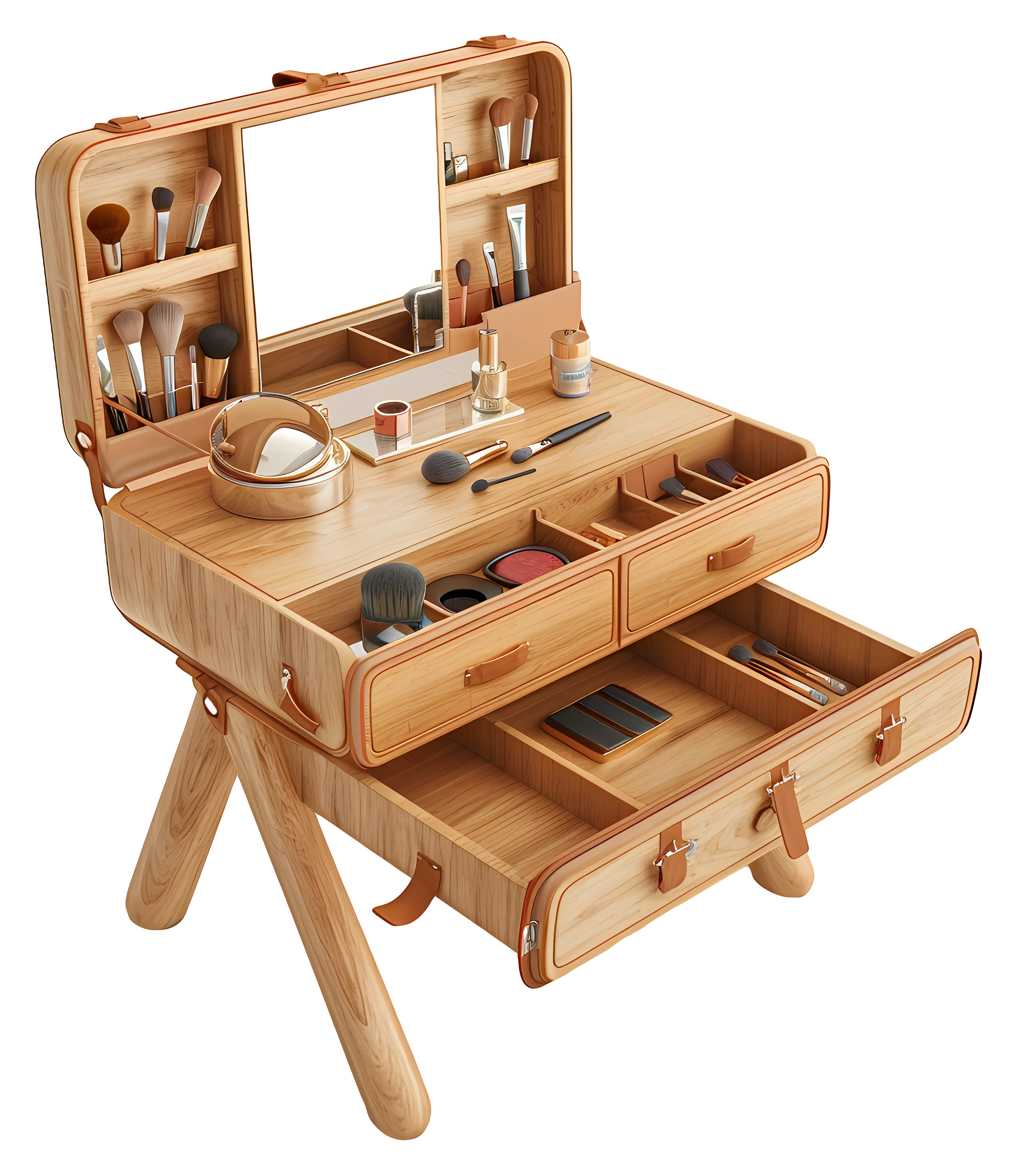 Wooden Makeup Vanity with Mirror and Cosmetics