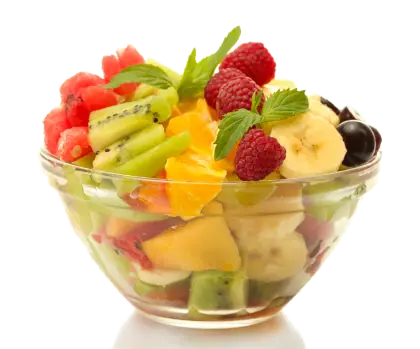 Fresh and Colorful Fruit Salad in Glass Bowl