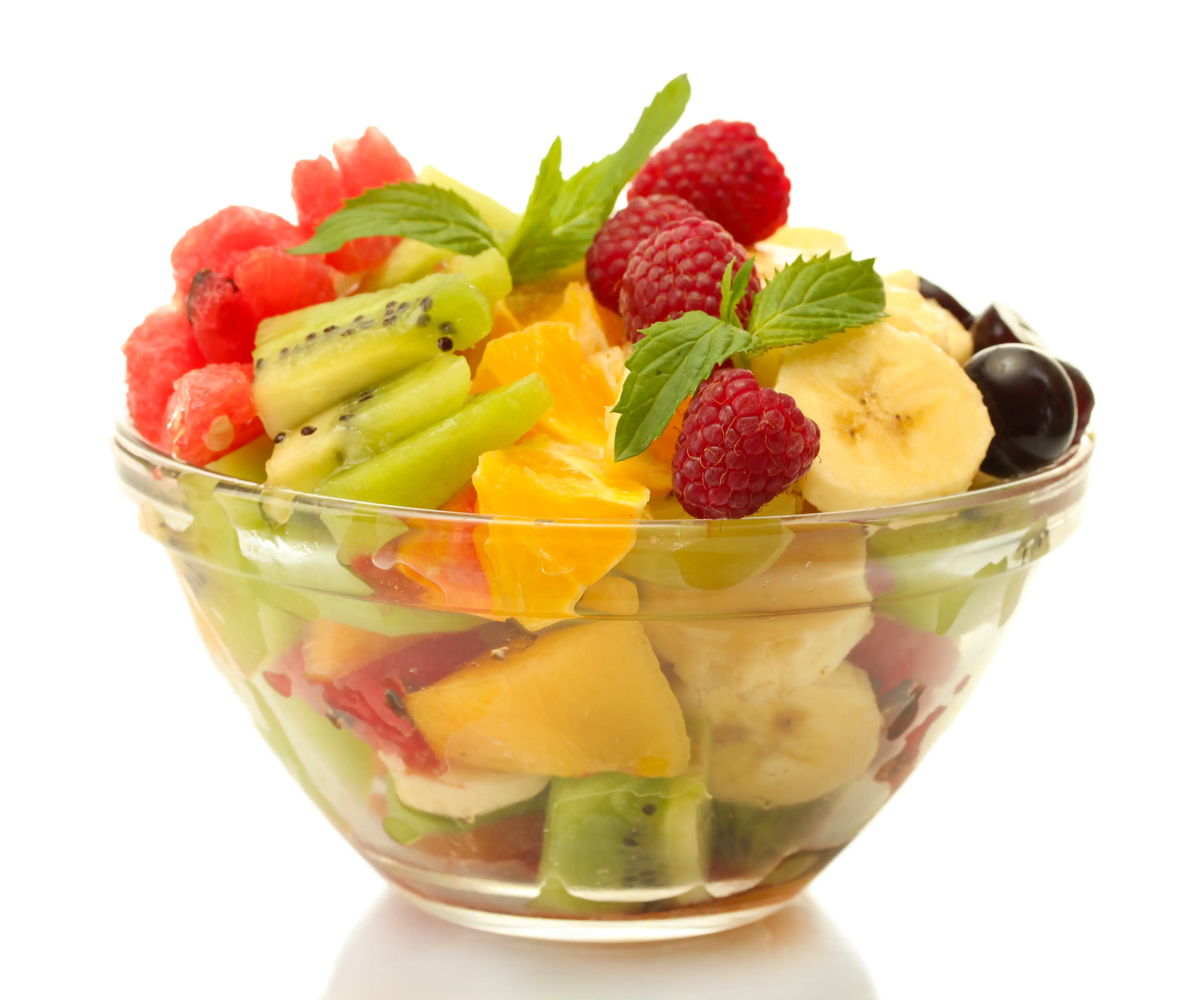 Fresh and Colorful Fruit Salad in Glass Bowl