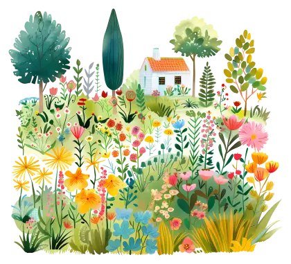 Beautiful Garden with Flowers and House