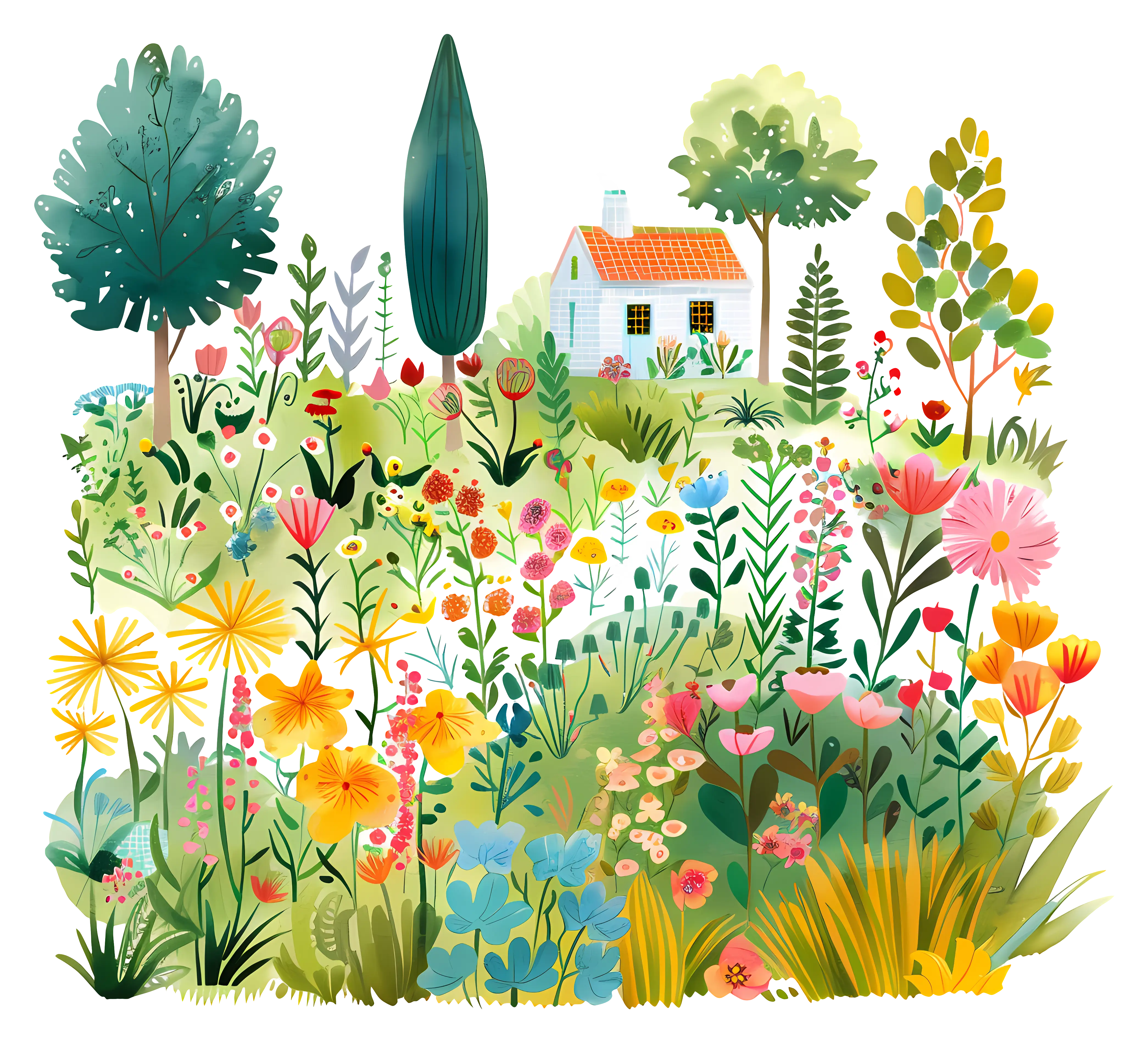 Beautiful Garden with Flowers and House