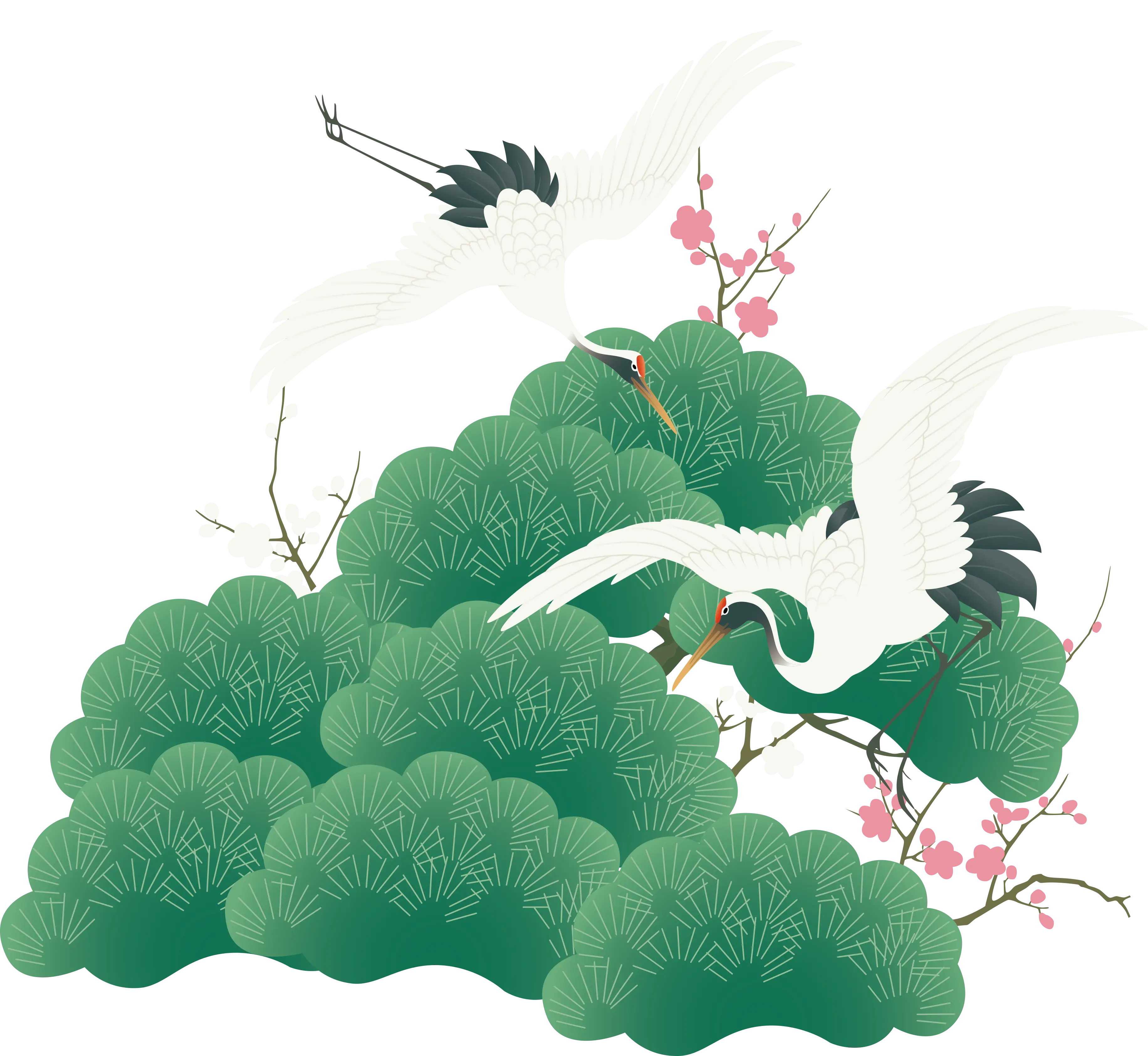 Traditional Landscape Illustration with Cranes