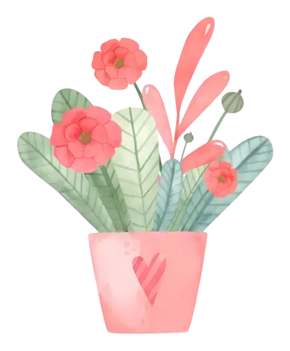 Pink Flower Pot with Green Leaves and Red Flowers