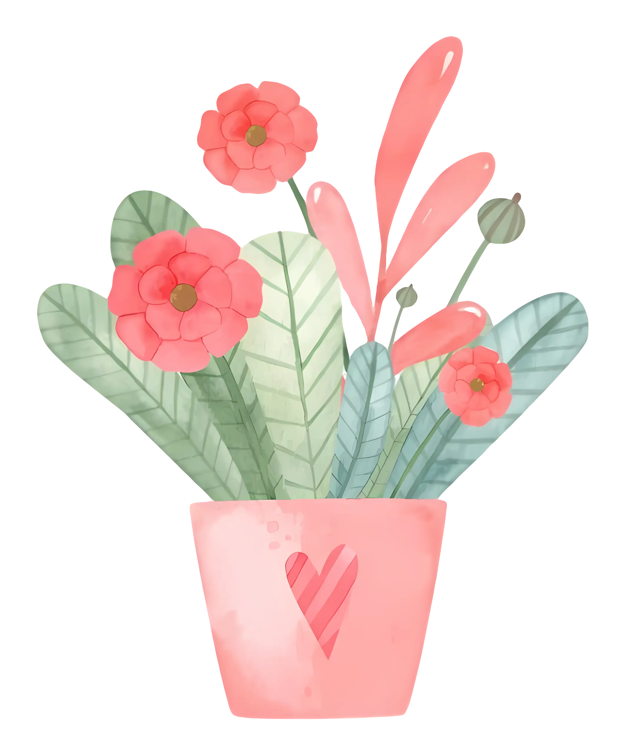 Pink Flower Pot with Green Leaves and Red Flowers