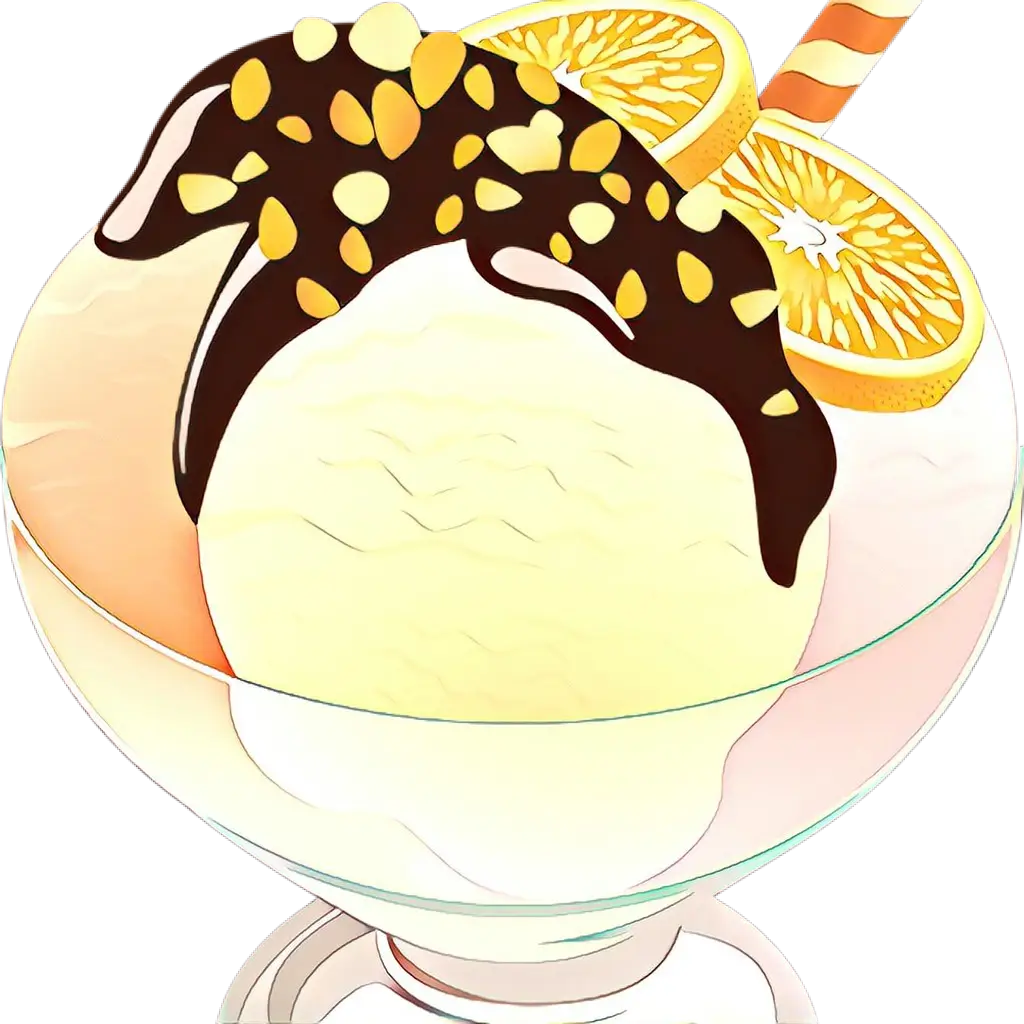Ice Cream with Chocolate Syrup and Orange Garnish Illustration