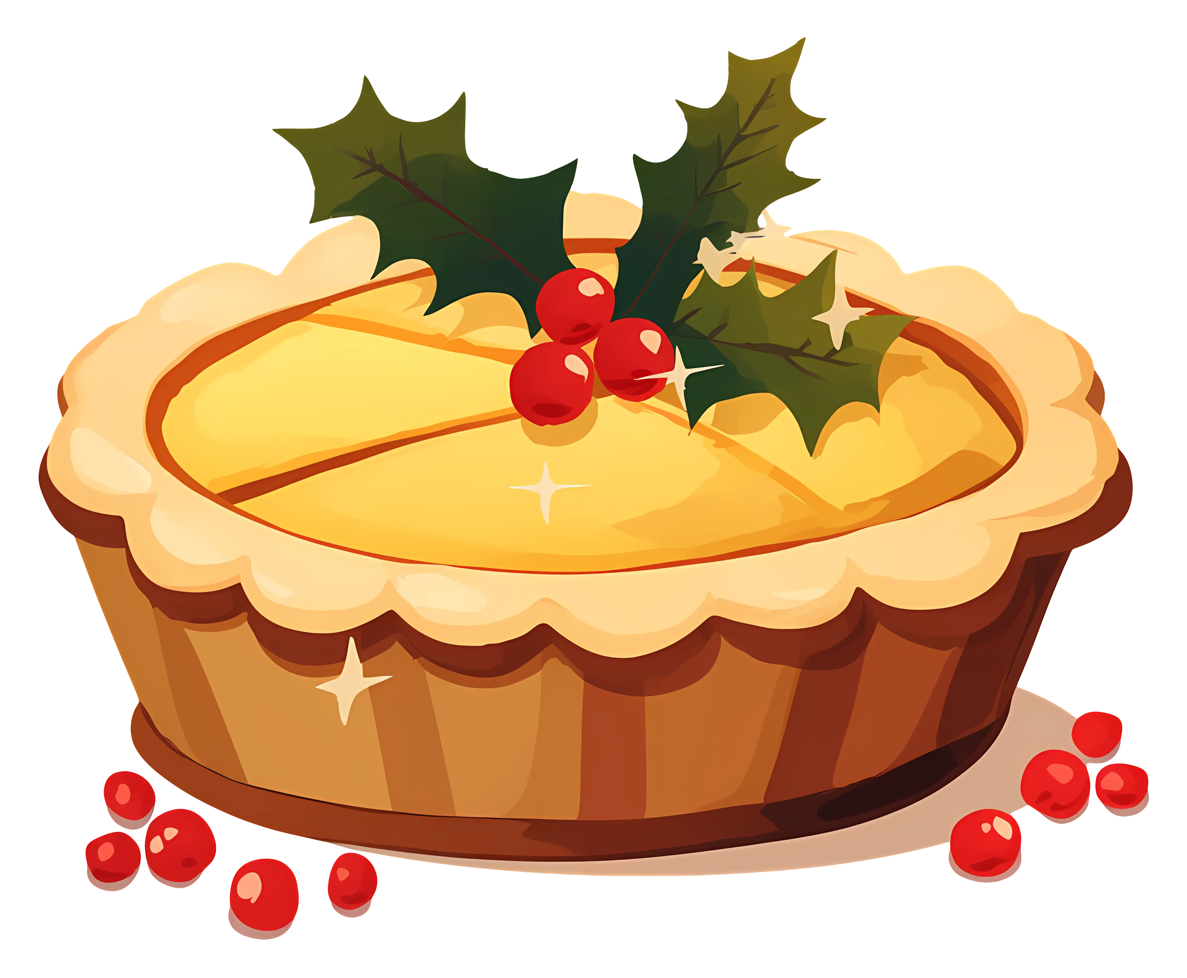 Holiday Pie Decorated with Holly Leaves and Red Berries