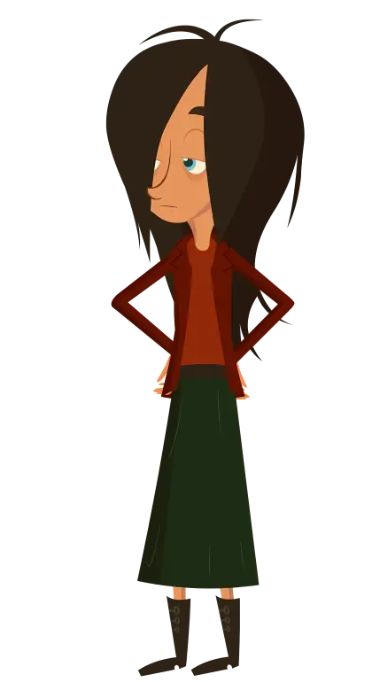 Cartoon Girl with Long Hair and Serious Look