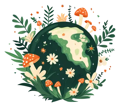Green Earth Encompassed by Mushrooms and Flowers Art