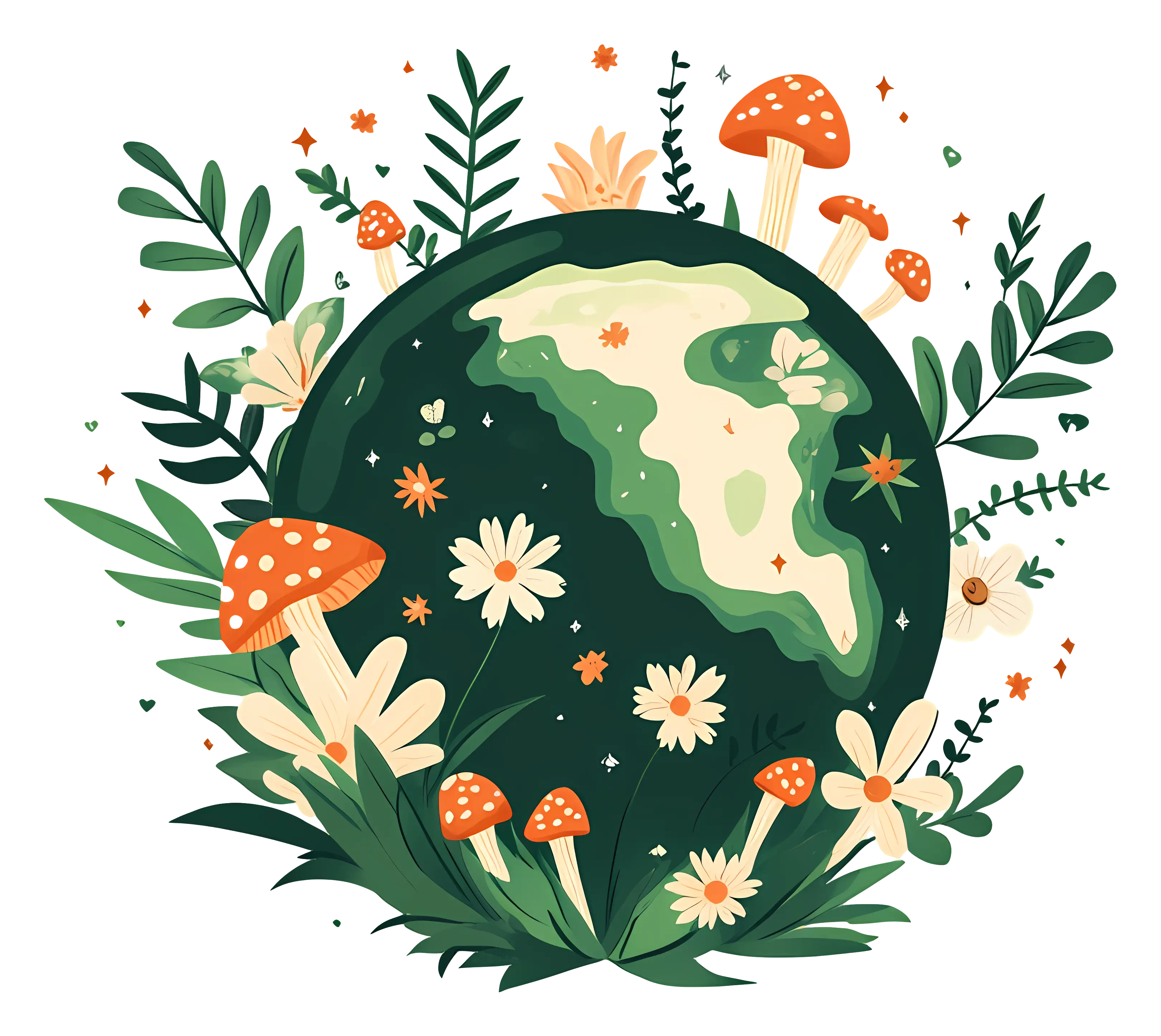 Green Earth Encompassed by Mushrooms and Flowers Art