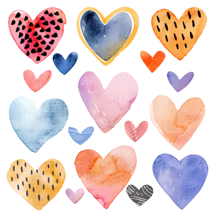 Hand-Drawn Colorful Watercolor Hearts