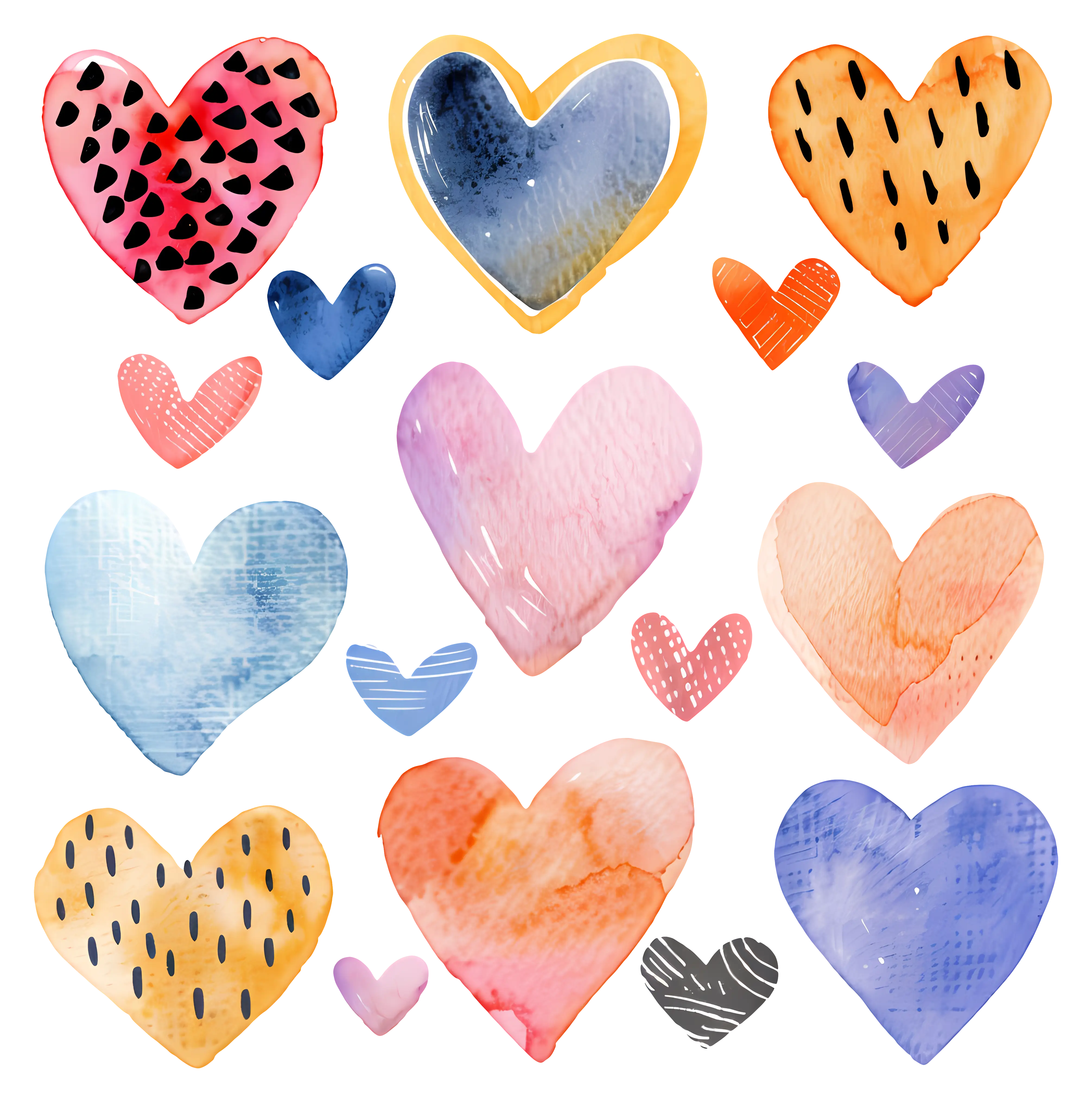 Hand-Drawn Colorful Watercolor Hearts