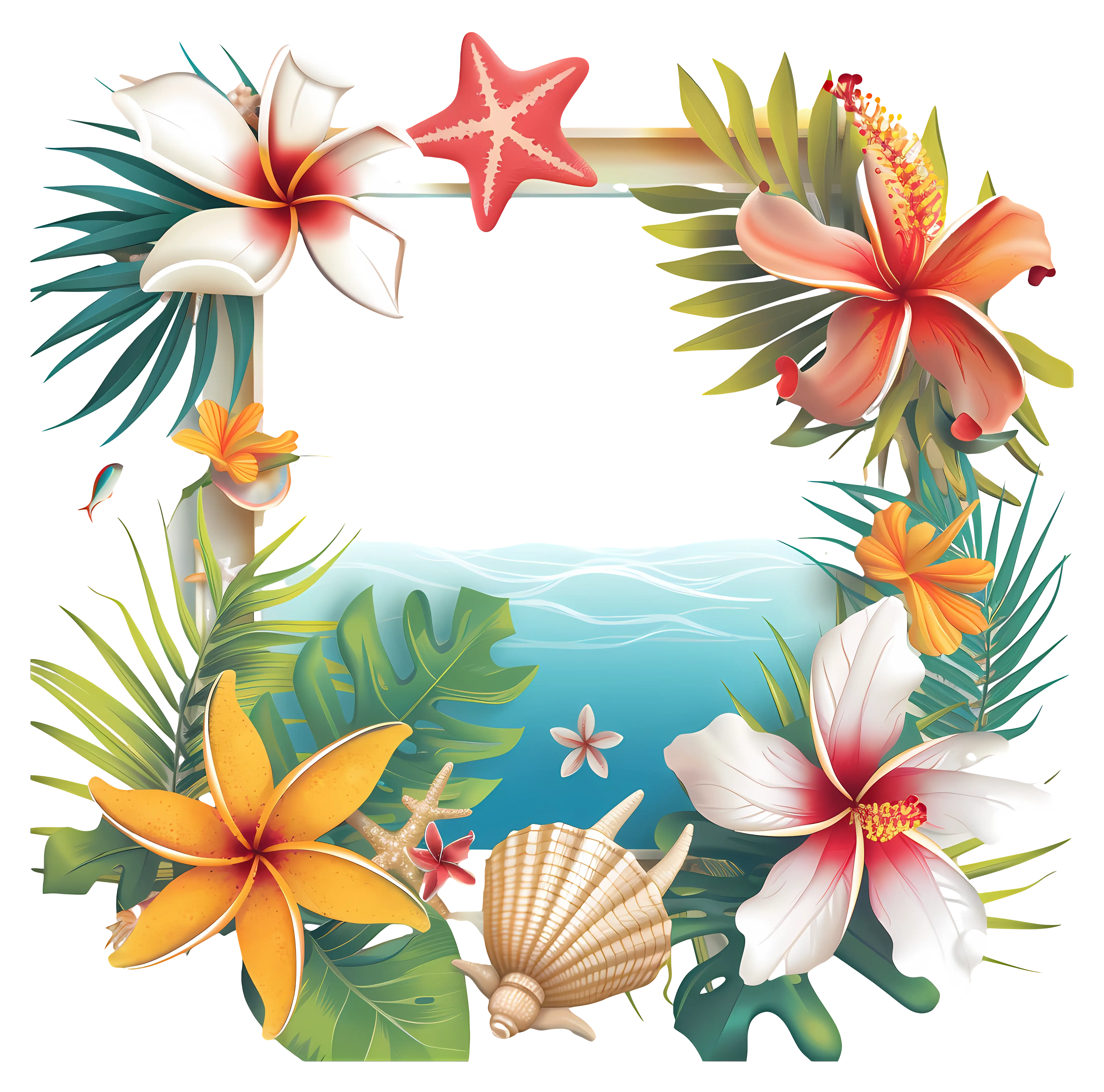 Vibrant Tropical Flowers and Beach Elements