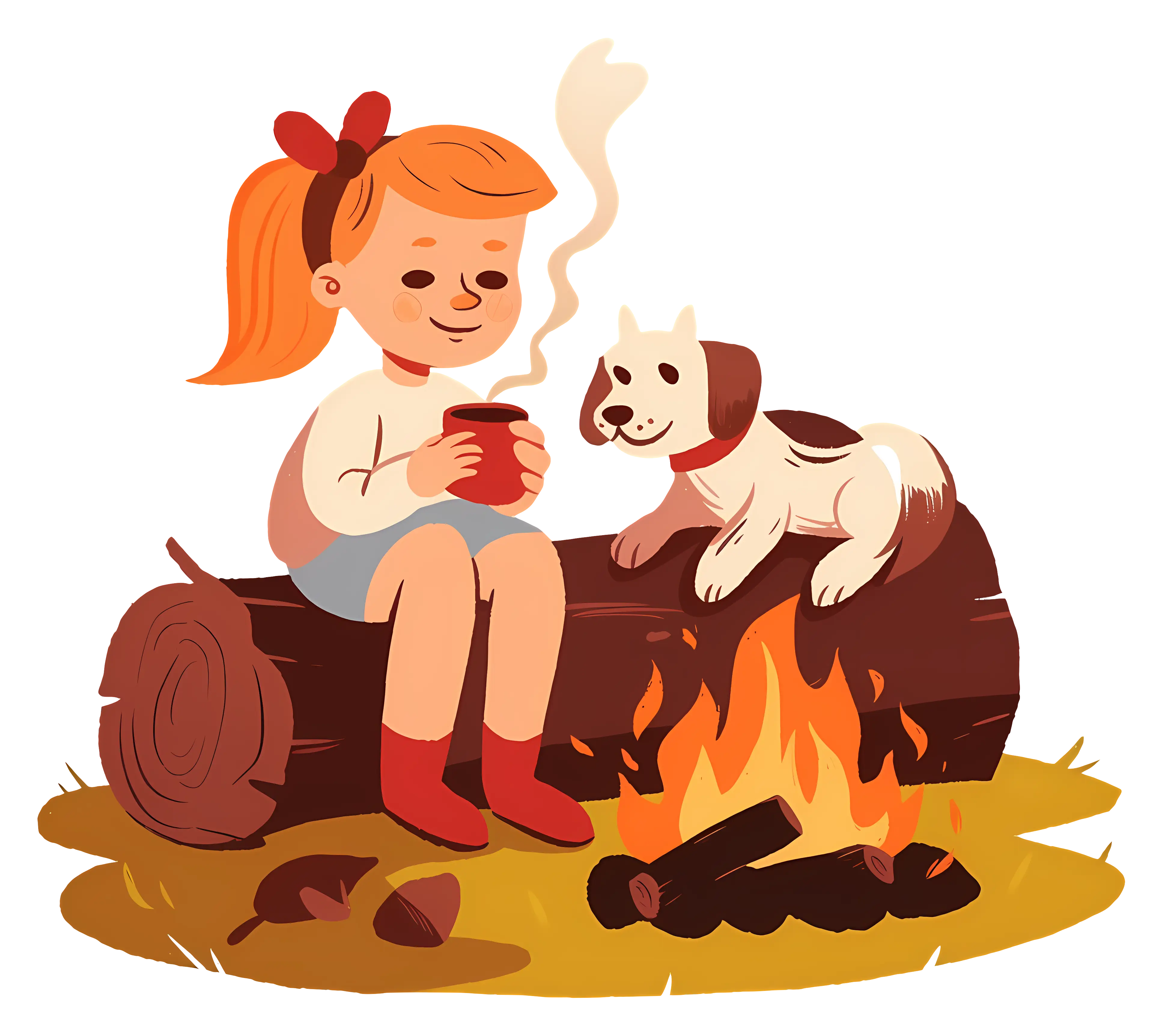 Girl and Dog Enjoying Campfire