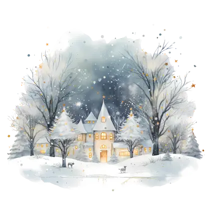 Snowy Winter Night with House and Trees