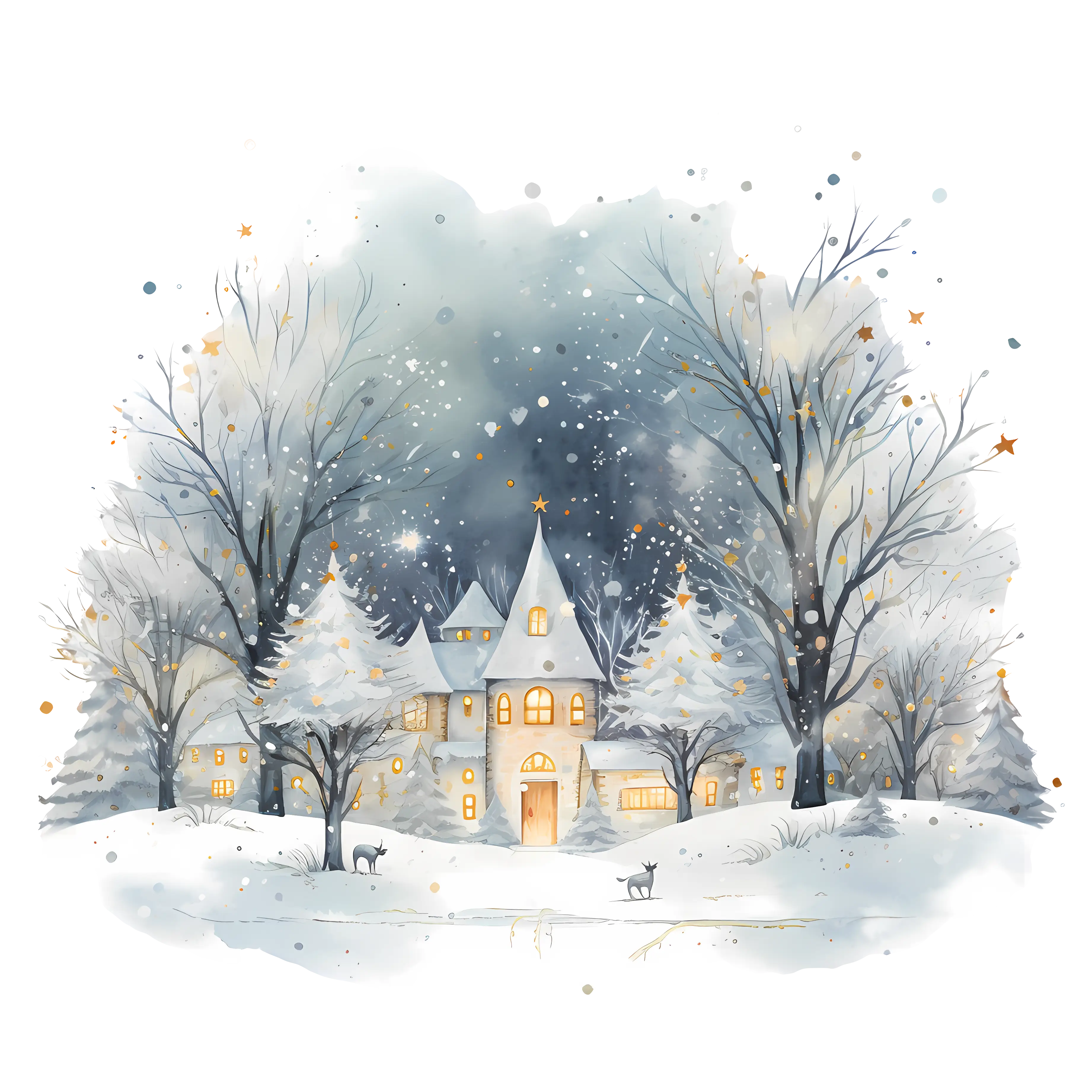 Snowy Winter Night with House and Trees