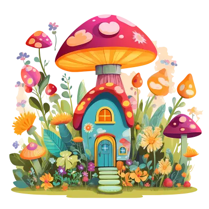 Whimsical Mushroom House in Fantasy Garden