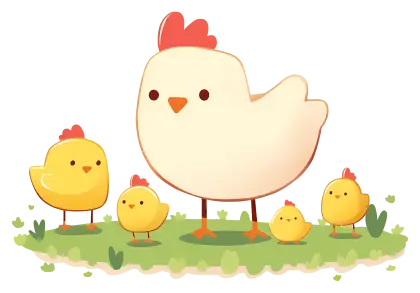 Cute Cartoon Hen and Chicks on Grass