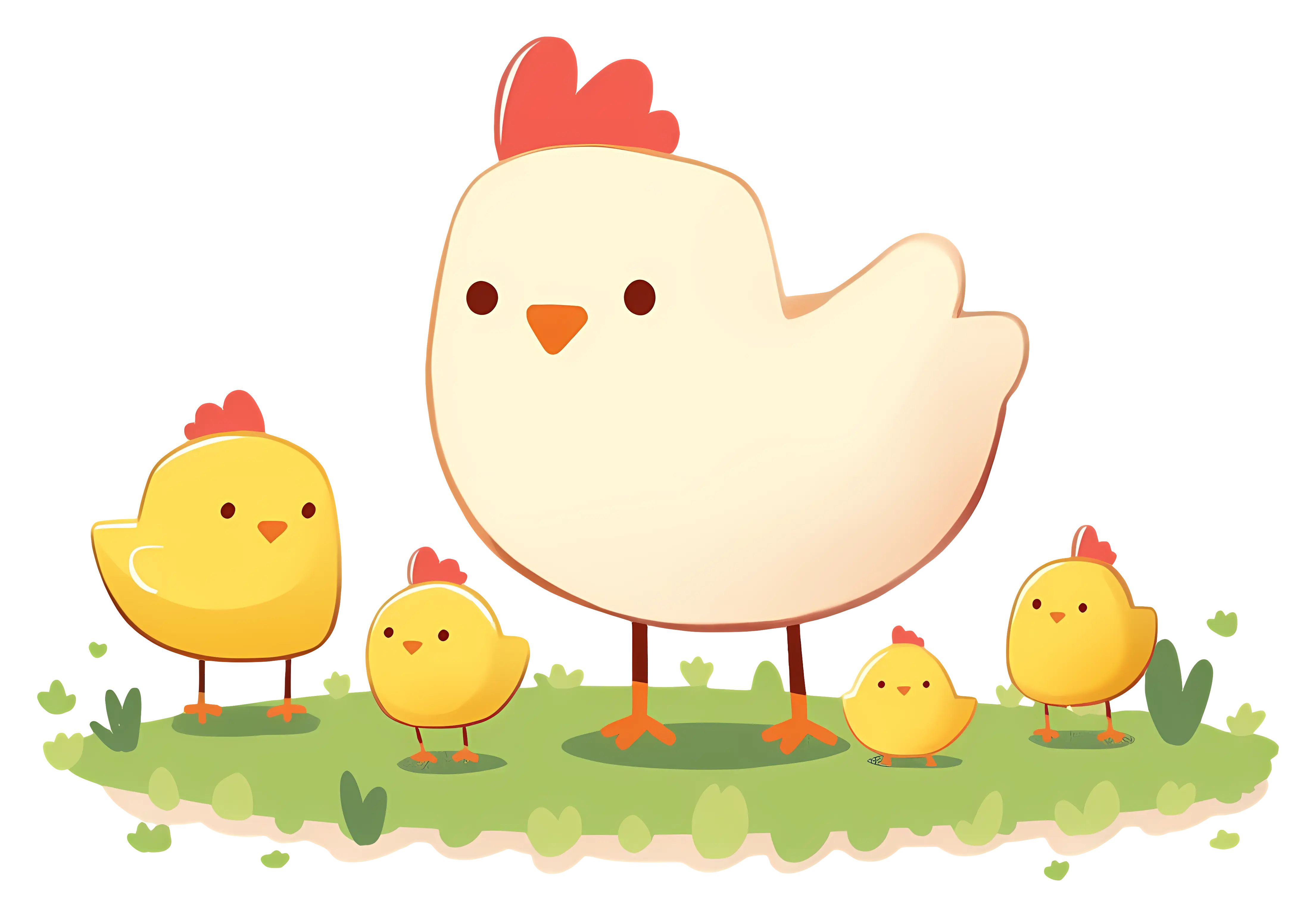 Cute Cartoon Hen and Chicks on Grass