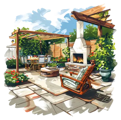 Beautiful Patio with Fireplace and Pergola