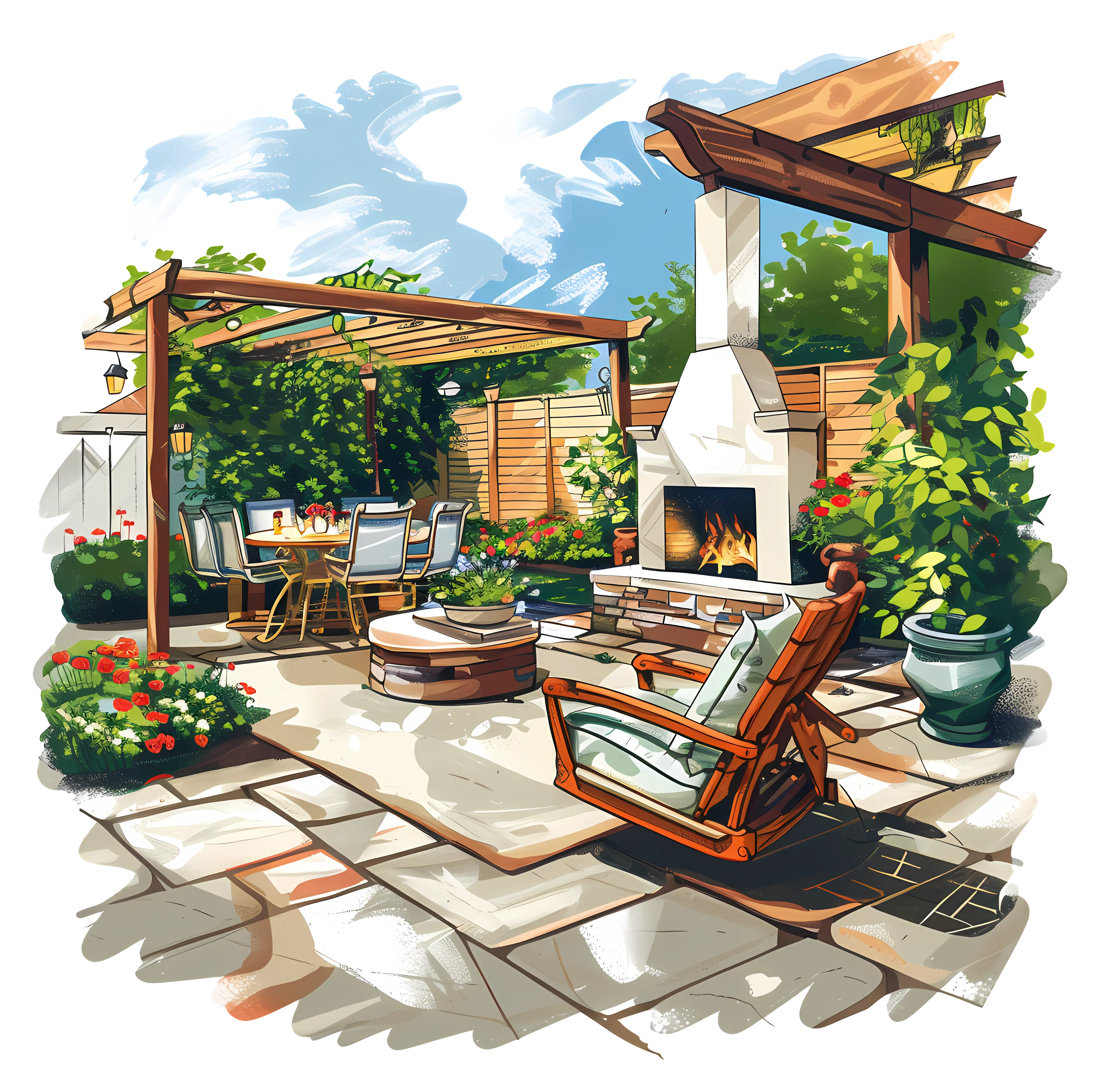 Beautiful Patio with Fireplace and Pergola