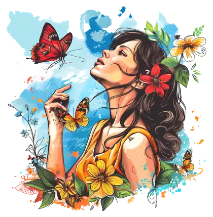 Artistic Woman with Flowers and Butterflies