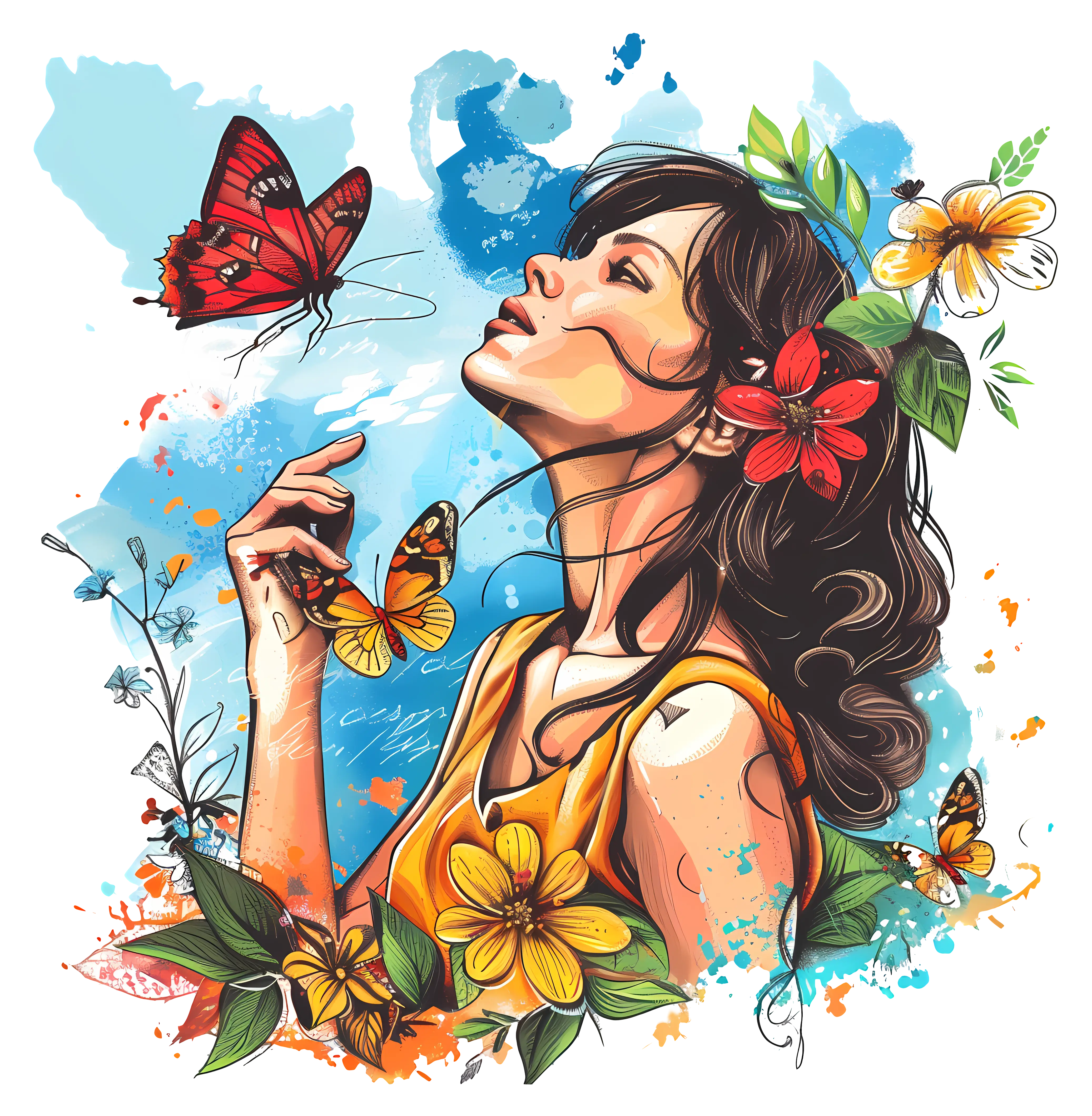 Artistic Woman with Flowers and Butterflies