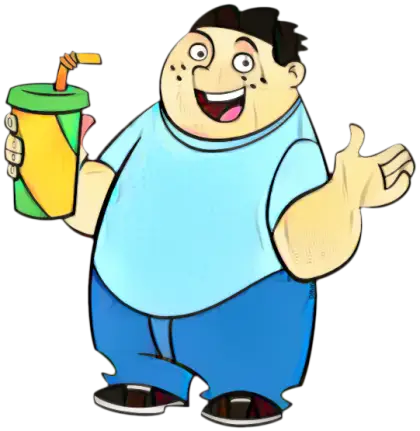Cartoon Character Holding a Drink in Blue Shirt