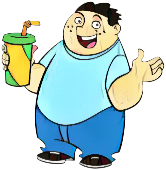 Cartoon Character Holding a Drink in Blue Shirt