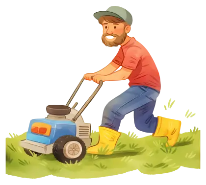 Man Mowing Lawn in Summer