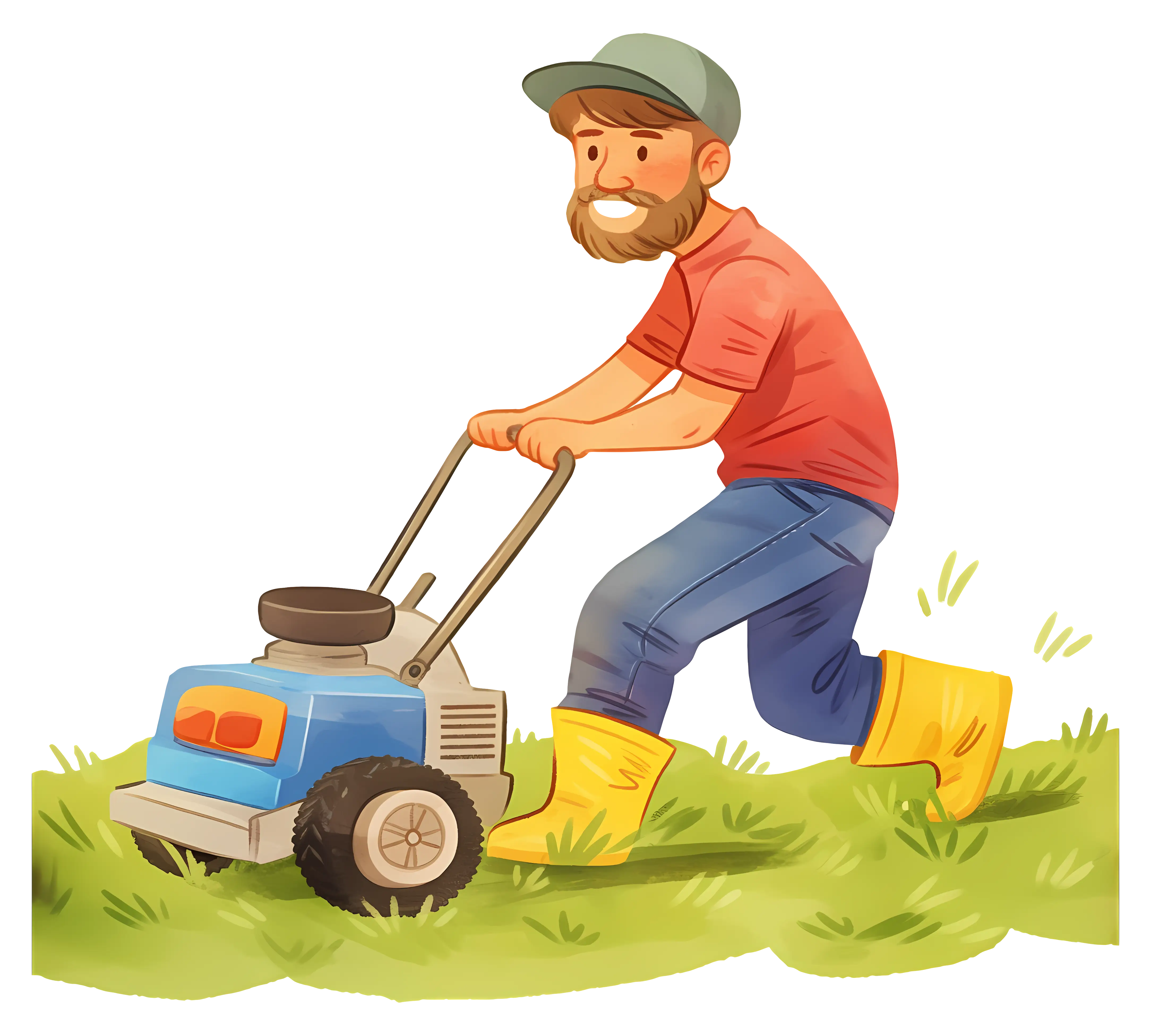 Man Mowing Lawn in Summer