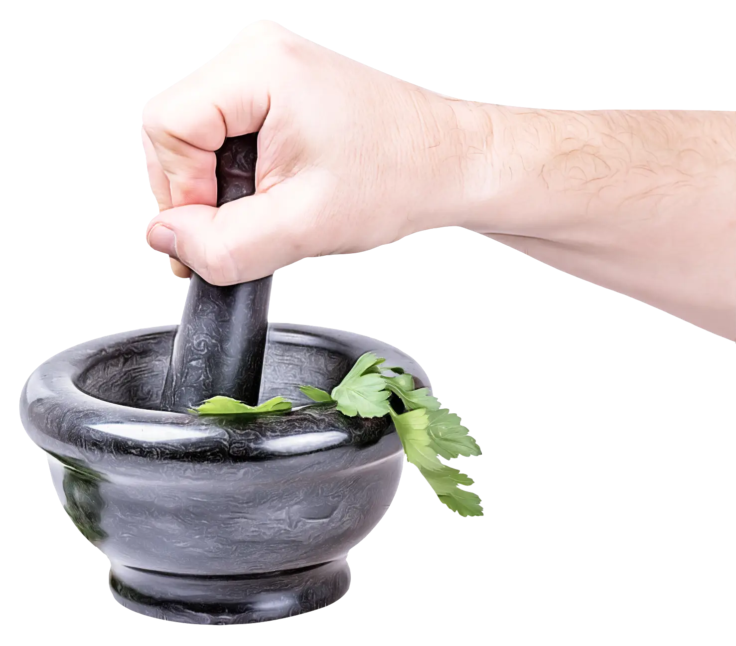 Black Marble Mortar and Pestle with Herbs