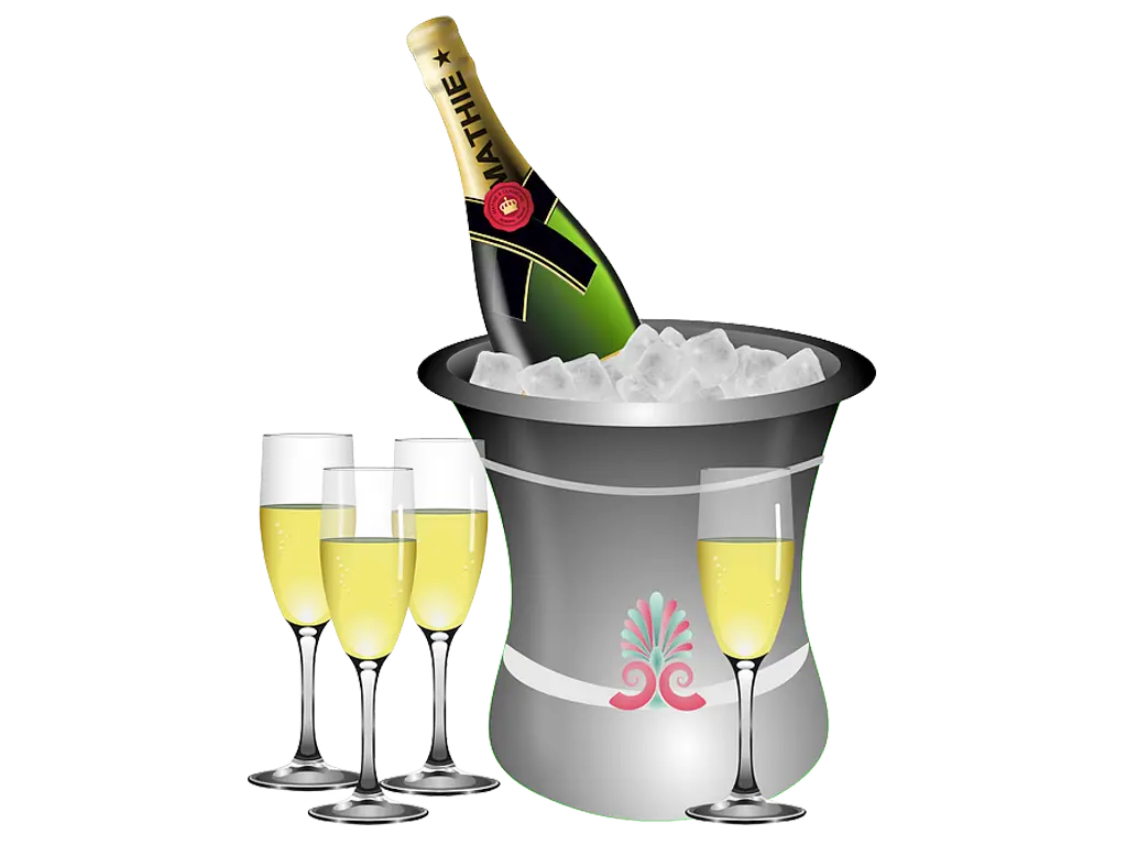 Champagne Bottle and Glasses in Ice Bucket