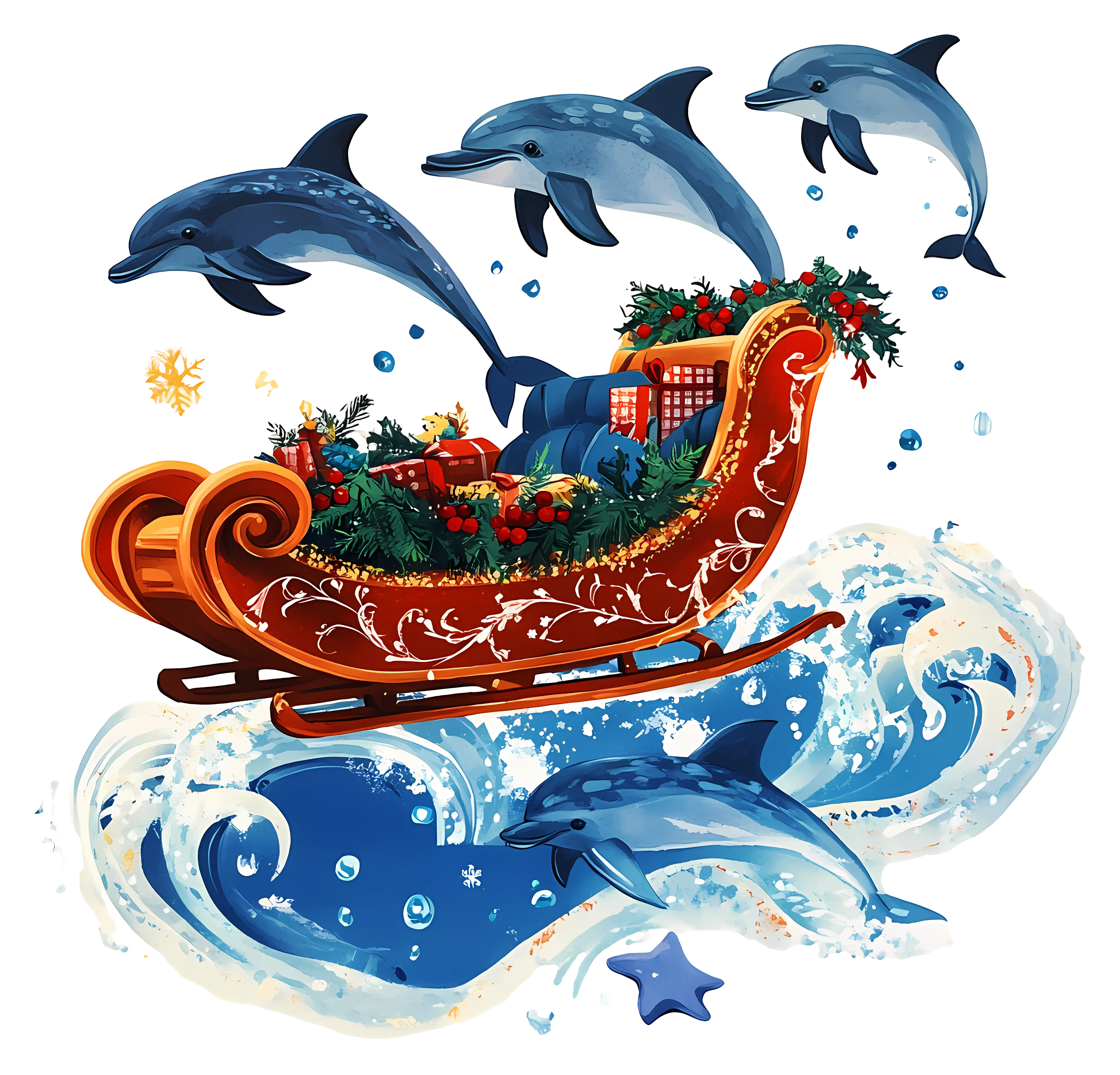 Dolphins Jumping with Festive Sleigh