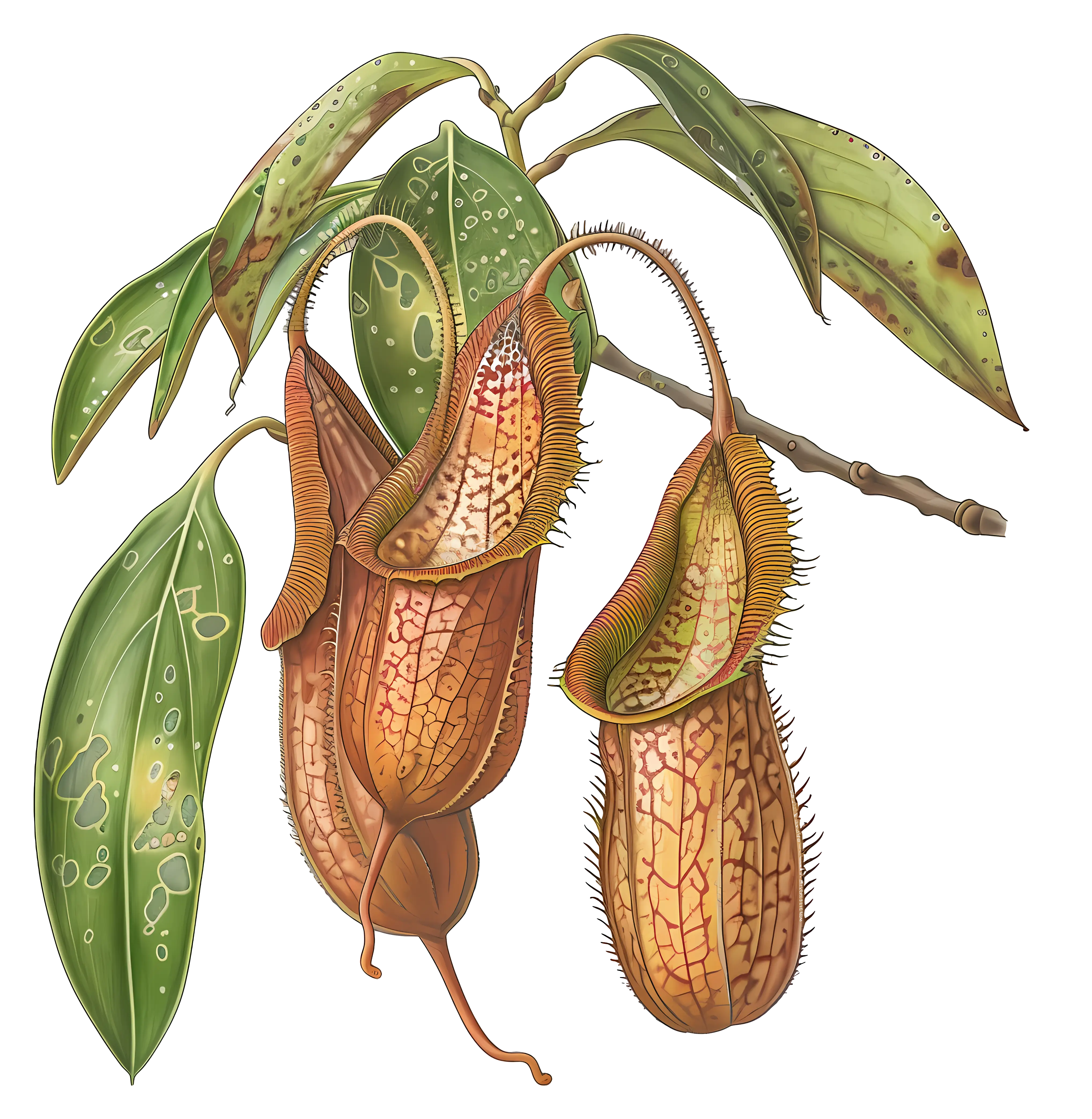 Detailed Nepenthes Carnivorous Pitcher Plants on Stalk