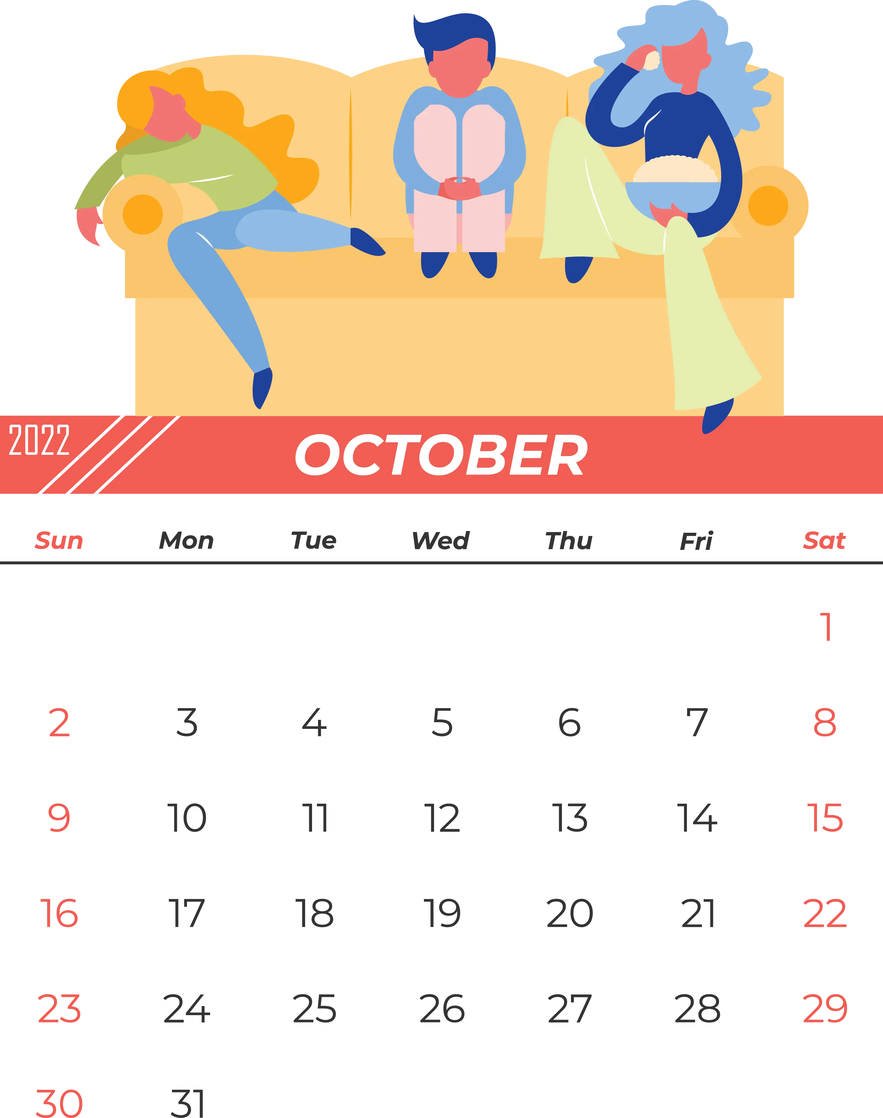 Illustrated October Calendar with Relaxing Characters