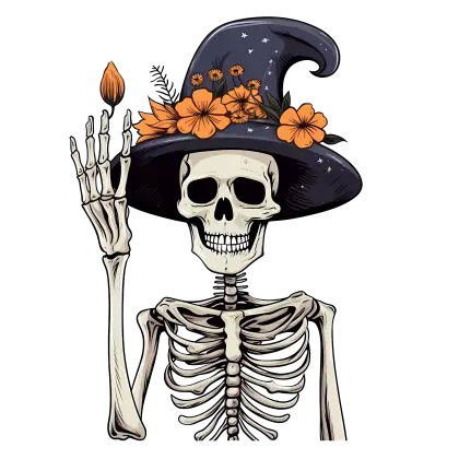 Skeleton with Witch Hat and Flowers