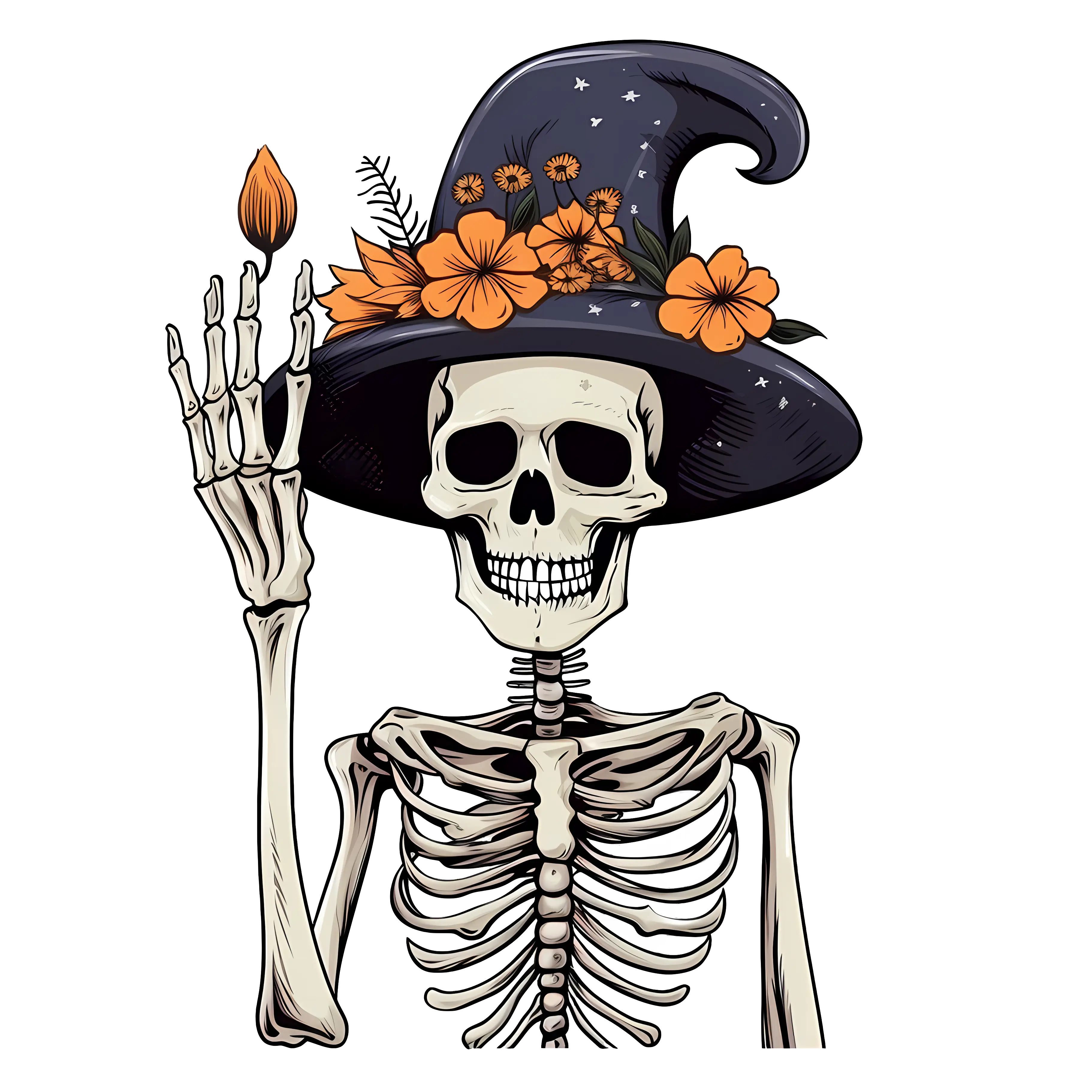 Skeleton with Witch Hat and Flowers