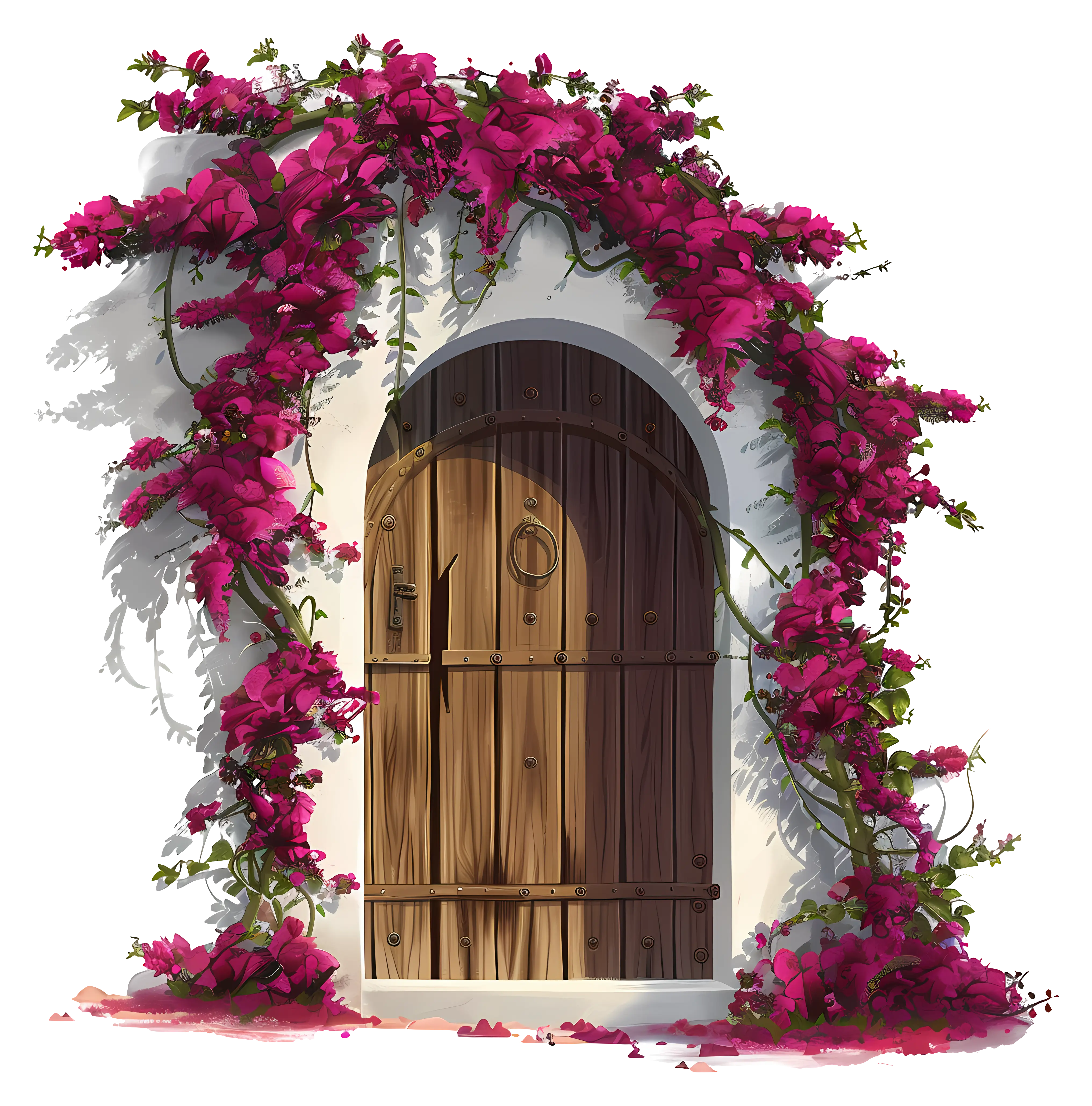 Beautiful Wooden Door Framed with Pink Bougainvillea