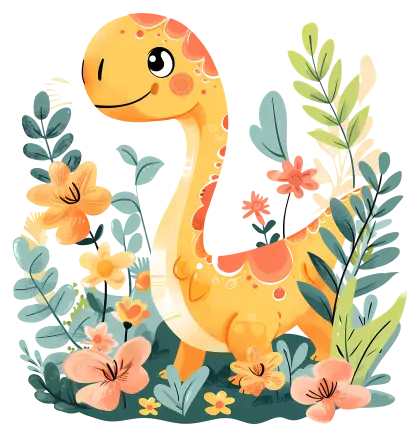 Cute Dinosaur in Floral Nature Scene