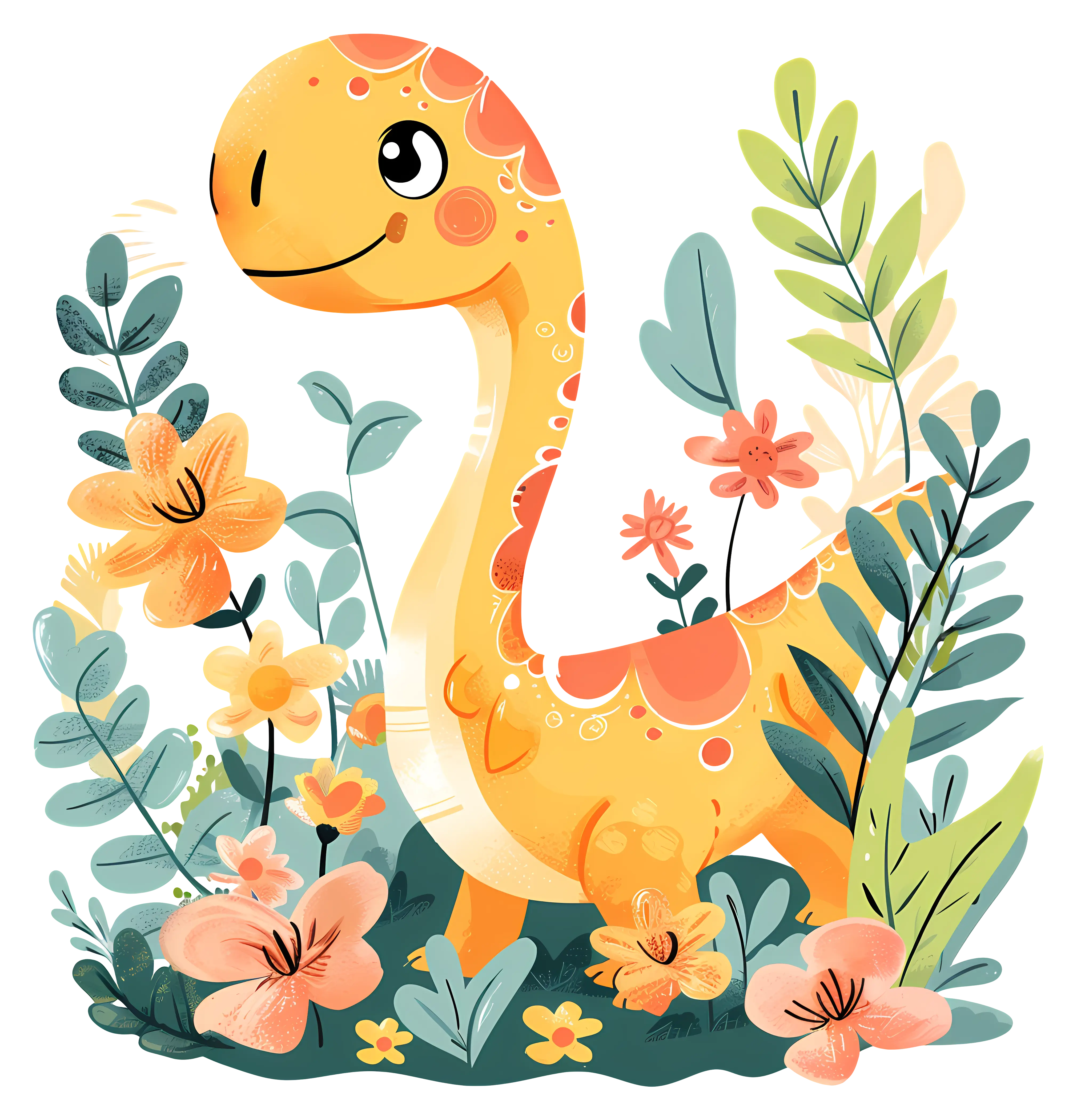 Cute Dinosaur in Floral Nature Scene