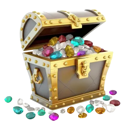 Golden treasure chest filled with colorful gems