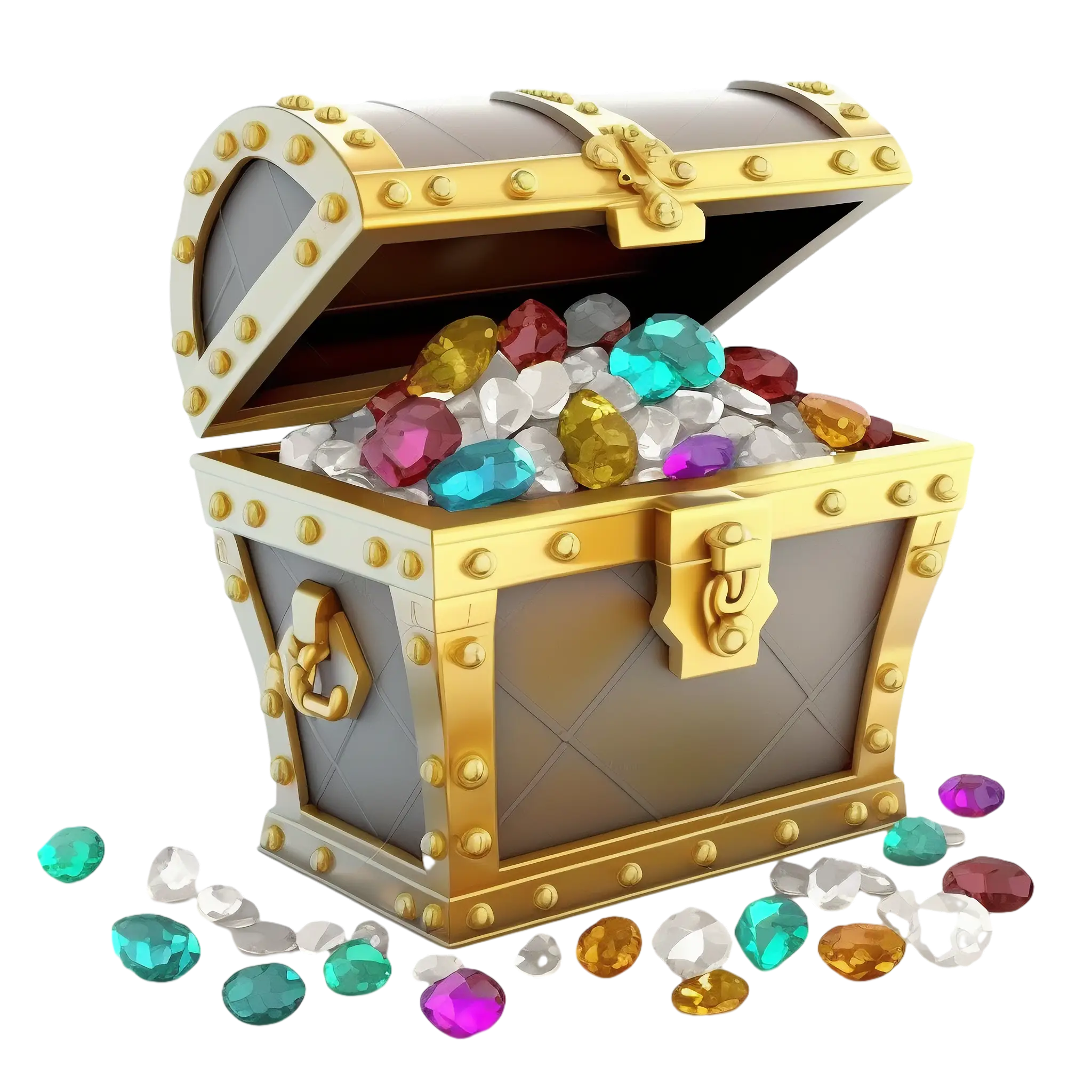 Golden treasure chest filled with colorful gems