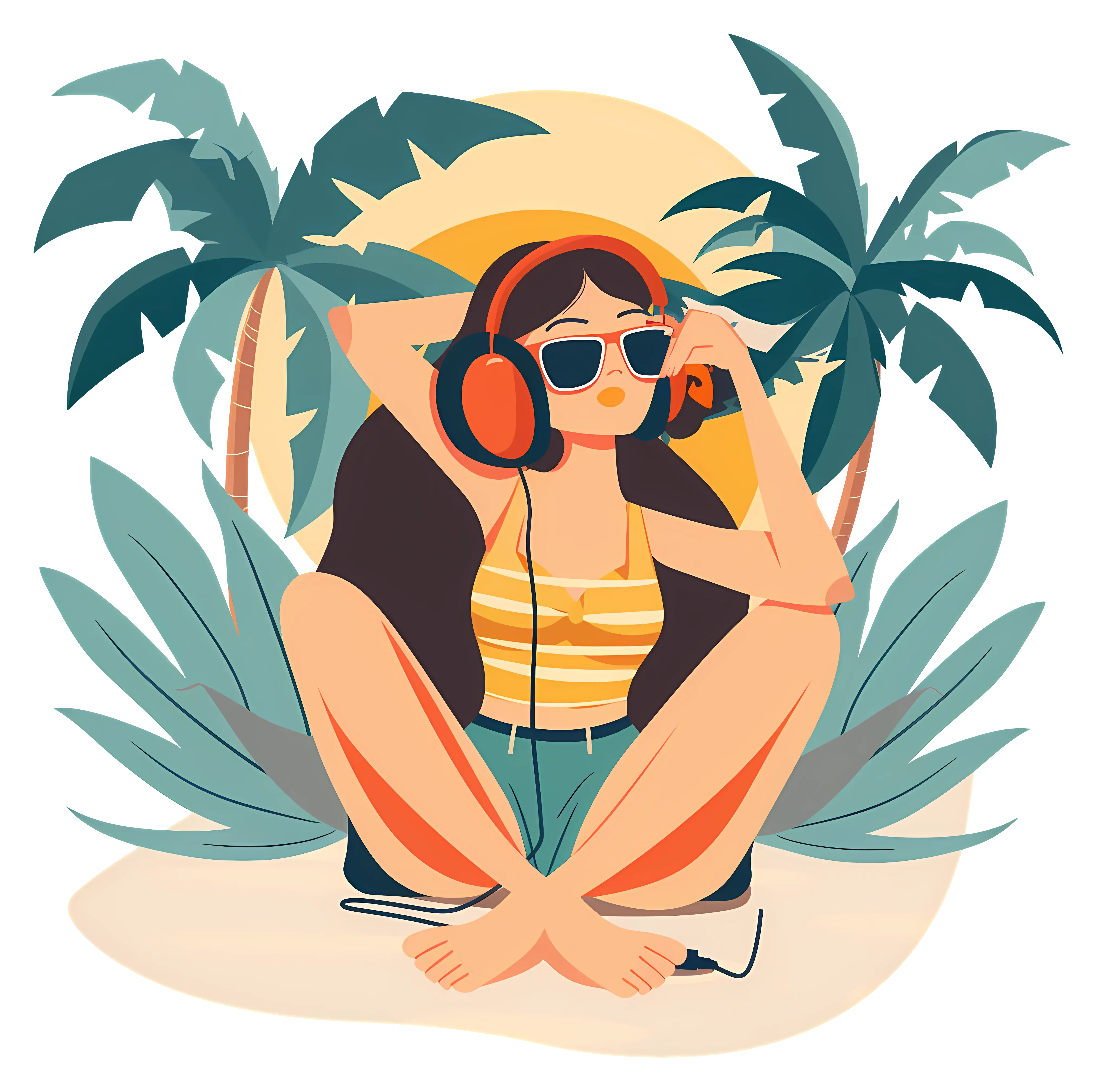 Girl Relaxing with Music on Beach