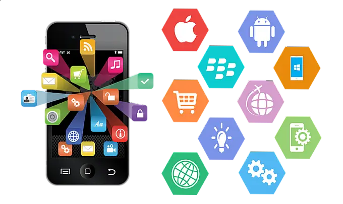 Smartphone with Colorful App Icons and Tech Logos